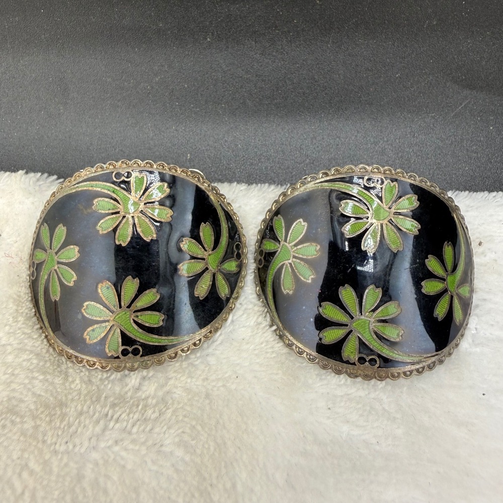 Vintage France Enamel Scarf Clips Black Green Floral Pair READ